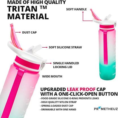 PROMETHEUZ Sports Water Intake Reminder Bottle with Time Marker and Straw, Leakproof Tritan BPA-Free, Fast Flow, Dark Pink Purple Mint, 32 oz