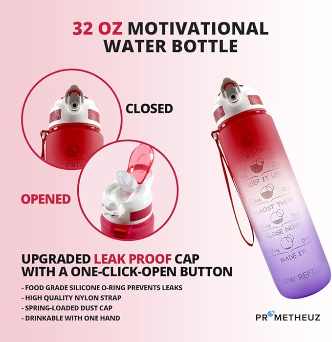 PROMETHEUZ Sports Water Intake Reminder Bottle with Time Marker and Straw, Leakproof Tritan BPA-Free, Fast Flow,Dark Pink Dark Purple, 32 oz