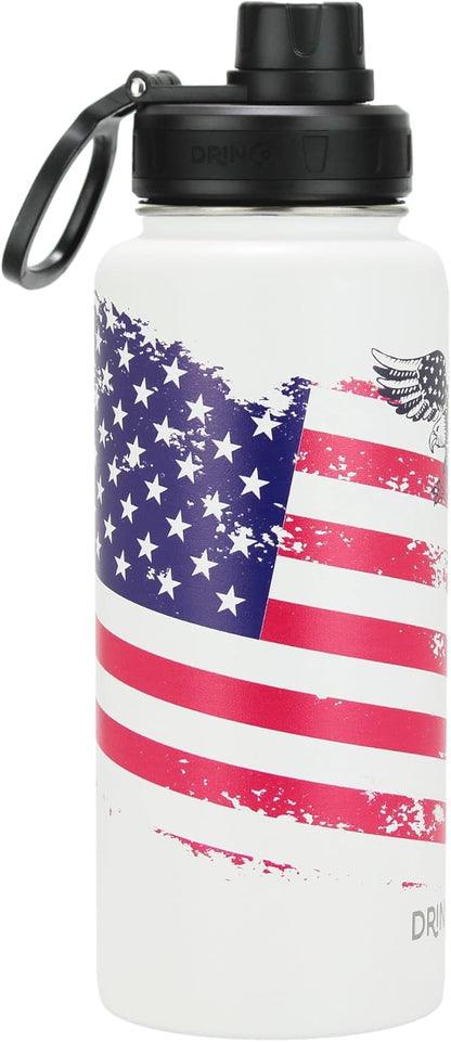 DRINCO Stainless Steel Water Bottle Spout Lid Vacuum Insulated Double Wall Water Bottle USA Flag Military Veteran (32oz US Flag Color Artic White, 32oz)