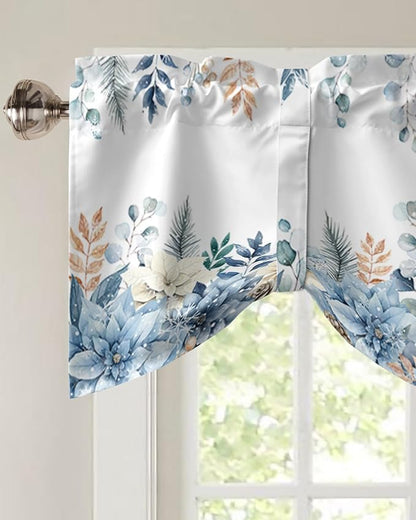 Blue Christmas Poinsettia Blackout Tie Up Valance Curtains for Kitchen Windows Winter Eucalyptus Leaves Window Toppers Balloon Shades for Living Room/Bathroom/Bedroom,1 Panel, 42" X 12",