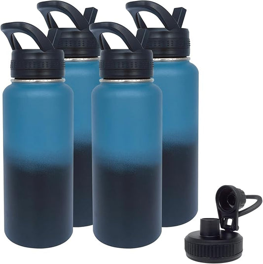 4pack 32 oz Insulated Water Bottle With Straw, Stainless Steel Sports Water Cup Flask with 2 Lids, Wide Mouth Travel Thermal Mug,Navy Black