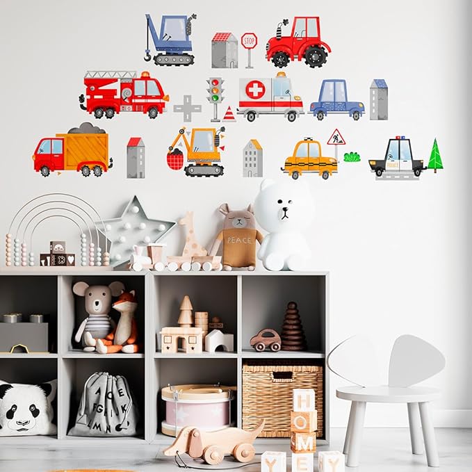 Large Car Wall Decals for Kids by Lipastick - 58 pcs Transports Wall Stickers Peel and Stick Truck Stickers - Wall Decals for Boys Kids Baby Room - Construction Cars City Wall Decor Removable M Size