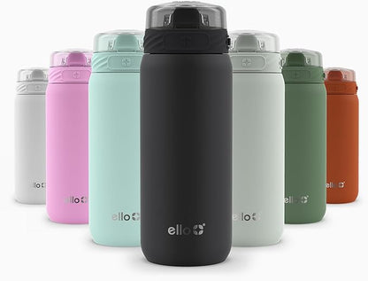 Ello Cooper 18oz Kids Stainless Steel Water Bottle with Straw and Carry Handle, Double Walled and Vacuum Insulated Metal, Leak Proof Locking Lid with Soft Silicone Spout, Reusable, BPA Free, Black