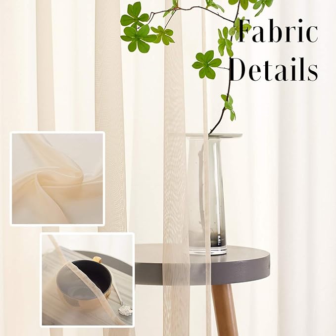Beige Sheer Voile Curtains Translucent Solid Color Window Treatment 45 Inches long Panels Rod Pocket Beige Drapes for Bedroom Living Room kitchen 2 Panels 52x45