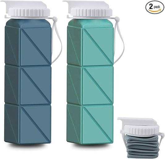 2 pack Collapsible Water Bottles Leakproof Lid–Food-Grade BPA-Free 20.10oz Silicone Travel Bottles–Foldable Lightweight Durable 620ml for Outdoor Travel Gym,Hiking,Camping,Biking Reusable