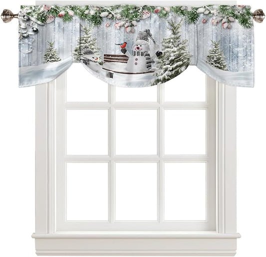 Merry Christmas Blackout Tie Up Valance Curtains for Kitchen Windows Xmas Snowman Snowy Pine Tree Window Toppers Balloon Shades for Living Room/Bathroom/Bedroom,1 Panel, 42" X 12", Blue Winter