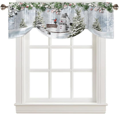 Merry Christmas Blackout Tie Up Valance Curtains for Kitchen Windows Xmas Snowman Snowy Pine Tree Window Toppers Balloon Shades for Living Room/Bathroom/Bedroom,1 Panel, 60" X 18", Blue Winter