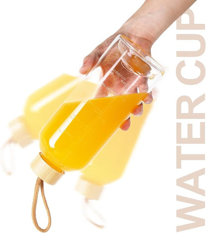 Crazy Music 32 oz Clear Glass Water Bottles,Reusable Glass Juicing Bottles with Stainless Steel Leak Proof Lids -16 oz Sports Water Bottle with Time Marker for Gym, Sports, Outdoors(32 Oz Gold