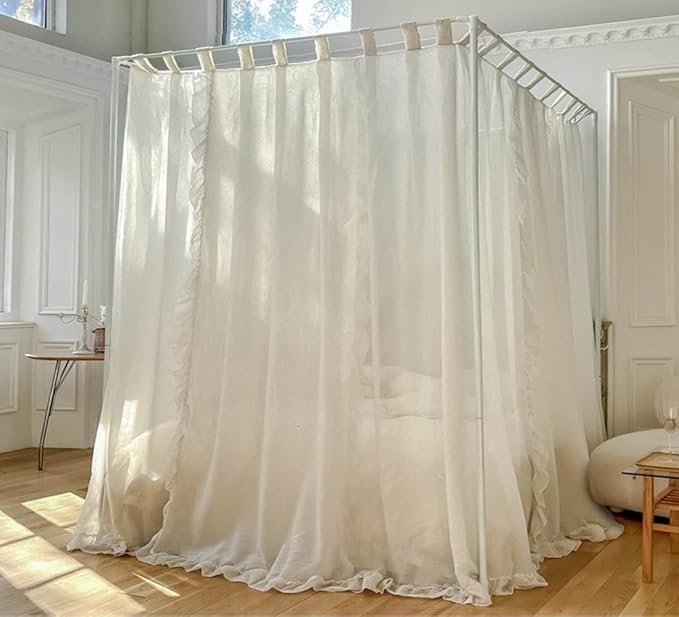 Mengersi Linen Canopy Bed Curtains,Bed Canopy Curtains Bed Drapes Sheer Curtains for Bedroom Decor (Ivory, King)