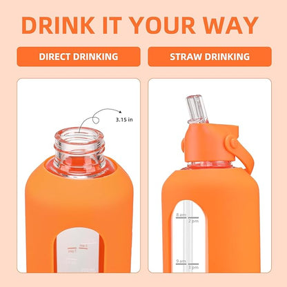 32 oz Glass Water Bottles with Straw Borosilicate Glass Water Bottle with Time Marker Motivational Water Bottles with Silicone Sleeve Leak Proof Reusable BPA Free