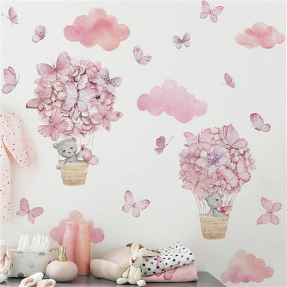 Bear Flower Butterfly Pink Clouds Wall Stickers for Girls Room Hot Air Balloon Baby Nursery Decor Wall Decal