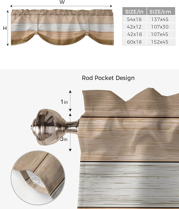 Farmhouse Summer Blackout Tie Up Valance Curtains for Kitchen Windows,Brown Beach Fall Window Toppers Balloon Shades for Living Room/Bathroom/Bedroom,1 Panel,54" X 18" Rustic Barn Wood Texture