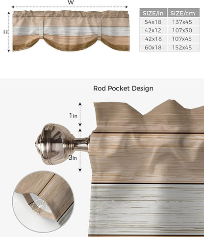 Farmhouse Summer Blackout Tie Up Valance Curtains for Kitchen Windows,Brown Beach Fall Window Toppers Balloon Shades for Living Room/Bathroom/Bedroom,1 Panel,60" X 18" Rustic Barn Wood Texture
