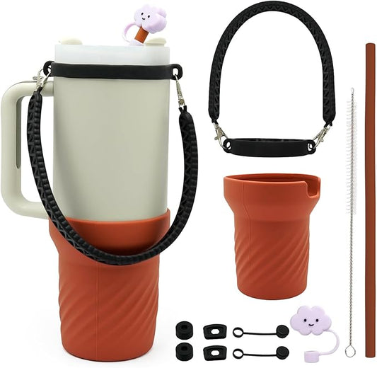 Accessories Set for Stanley 40oz including 6PCS Silicone Spill Proof Stopper 1PCS Straw Cover 1 PCS Siliconce Boot Sleevec 1 PCS Silicone Water Bottle Handle Strap 1PCS Straw & Cleaning Brush