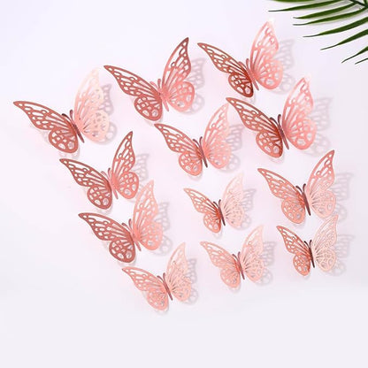 3D Butterfly Wall Decor 48 Pcs 4 Styles 4 Colors 3 Sizes,Gold Silver Laser Rose Butterfly Decorations for Butterfly Birthday Decorations Butterfly Party Decorations Cake Decorations,Removable Sticker