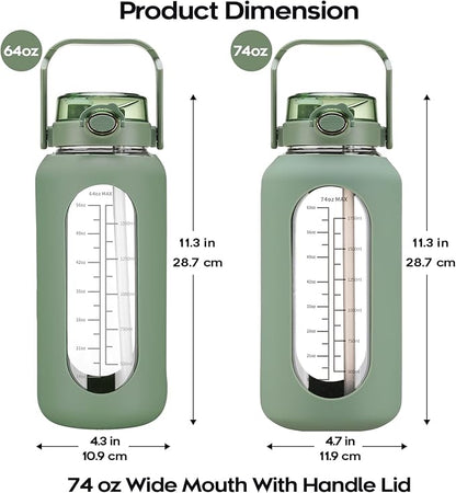 74 oz Glass Water Bolttles with Straw Large Motivational Water Bottle with Time Marker Sports Water Bottles with Silicone Sleeve and Handle Lid 2.2L Water Jug for Gym Workout