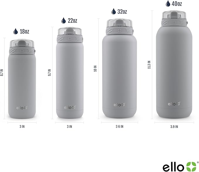 Ello Cooper 40oz Stainless Steel Water Bottle with Straw and Carry Handle, Double Walled and Vacuum Insulated Metal, Leak Proof Locking Lid with Soft Silicone Spout, Reusable, BPA Free, Grey