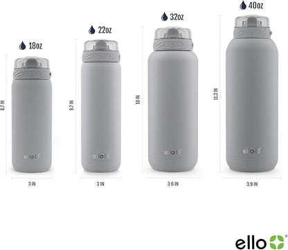 Ello Cooper 40oz Stainless Steel Water Bottle with Straw and Carry Handle, Double Walled and Vacuum Insulated Metal, Leak Proof Locking Lid with Soft Silicone Spout, Reusable, BPA Free, Grey