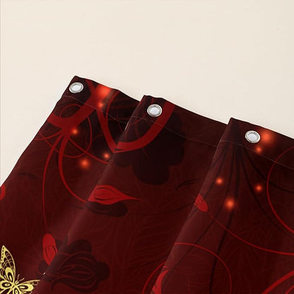 AILONEN Rose Butterfly Waterproof Curtain,Red and Gold Butterfly Floral Bath Curtain,Modern Chic Flower Polyester Fabric Red Curtain with 12 Plastic Hooks, 48" W x 72" H