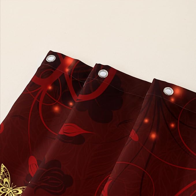AILONEN Rose Butterfly Waterproof Curtain,Red and Gold Butterfly Floral Bath Curtain,Modern Chic Flower Polyester Fabric Red Curtain with 12 Plastic Hooks, 72" W x 78" H