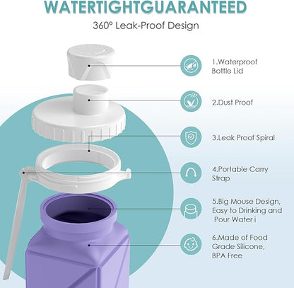 3pcs Collapsible Water Bottles,BPA-Free Leak-Proof Silicone Foldable Water Bottle Cup 20.6oz,Durable Lightweight Bottle for Gym Travel Camping Hiking Running (Purple+Green+Grey)