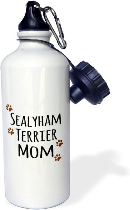3dRose "Sealyham Terrier Dog Mom-Doggie by breed-muddy brown paw prints-doggy lover-pet owner mama" Sports Water Bottle, 21 oz, White