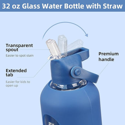 32 oz Glass Water Bottles with Straw Borosilicate Glass Water Bottle with Time Marker Motivational Water Bottles with Silicone Sleeve Leak Proof Reusable BPA Free