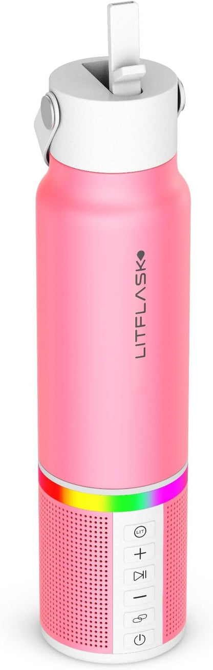 Smart Water Bottle with Premium Bluetooth Speaker, Portable Charger, LED Light, Hands-Free Mic, Insulated Stainless Steel, Straw Lid, BPA-Free, 20oz - Mix & Match Colorways