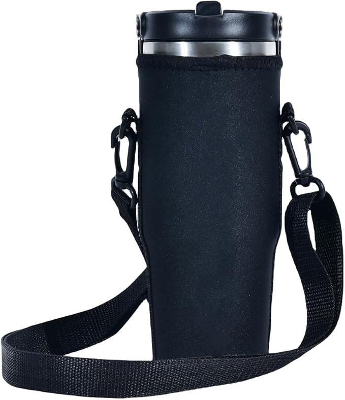 AF-WAN Neoprene Carrier Water Bottle Insulation Sleeve,Waterproof, Anti-Slip, Anti-Scratch Pouch with Shoulder Strap, Compatible With STANLEY IceFlow Stainless Steel Tumbler 30oz (Black)