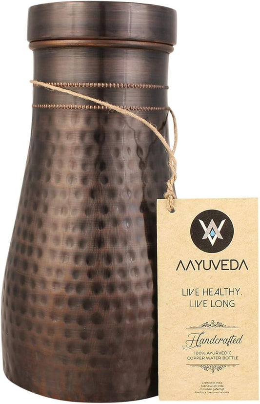 AAYUVEDA® Pure Copper Hammered Antique Bedroom Water Bottle 34oz, with In-Built Glass (Loose Lid, Pack of 1)