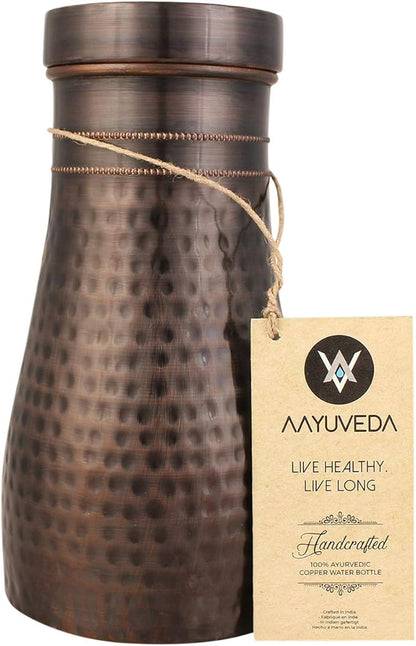 AAYUVEDA® Pure Copper Hammered Antique Bedroom Water Bottle 34oz, with In-Built Glass (Loose Lid, Pack of 1)