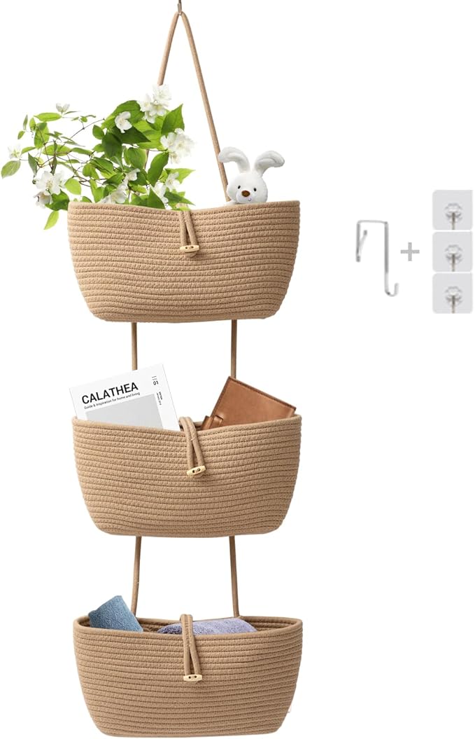 TeoKJ 3-Tier Cotton Rope Baskets with Button Strap Over the Door Wall Hanging Baskets for Nursery, Living Room, Bathroom, Door Storage Organizer for Decoration-Jute