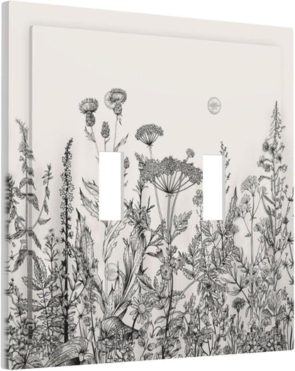 Vintage Grey Floral Herbs Wild Flowers Botanical Double Toggle Boho Light Switch Covers Decorative Country Unique 2 Gang Wall Plate Dual Electrical Faceplate Switchplate for Living Room