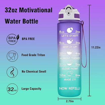 Prometheuz 32oz Water Bottle with Straw, Motivational Water Bottle with Time Marker, Water Bottles Leakproof & BPA-Free for Sports, Work and Fitness Purple Mint