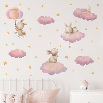 Rabbit Cloud Star Wall Stickers for Bedroom Girls Room Bunny Moon and Stars Nursery Decor Wall Decal