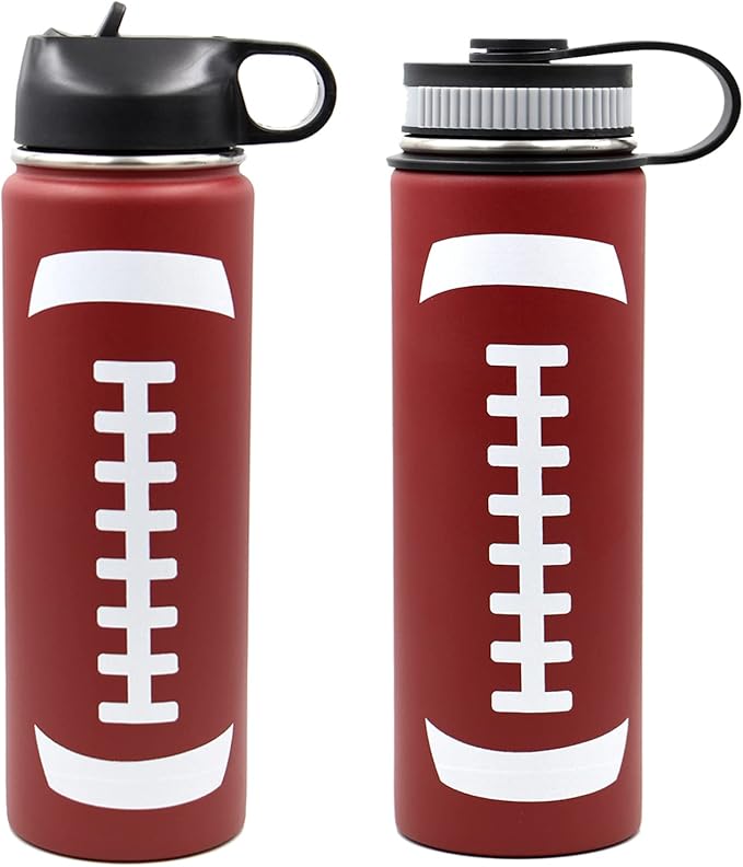 22 oz Football Water Bottle, Flask Sports with 2 Lids Double Wall Vacuum Insulated Stainless Steel Wide Mouth Hot & Cold Thermo Mug (22oz, Football)