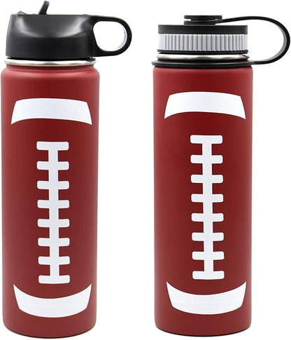 22 oz Football Water Bottle, Flask Sports with 2 Lids Double Wall Vacuum Insulated Stainless Steel Wide Mouth Hot & Cold Thermo Mug (22oz, Football)
