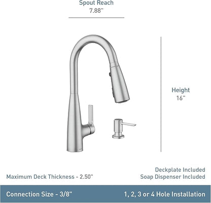 Moen Haelyn Spot Resist Stainless Single-Handle Pull-Down Sprayer Kitchen Faucet with an LED Light ColorCue Temperature Indicator and Soap Dispenser, 87627EISRS