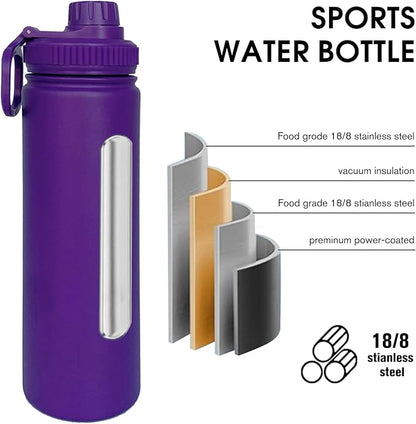 22oz Insulated Water Bottle ，Stainless Steel Sports Water Cup Flask with 2 Lids, Wide Mouth Travel Thermal Mug,Outdoor Sports Bottle（Purple）