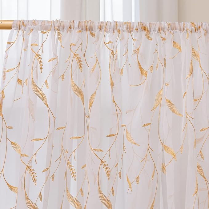 Windows Sheer Curtains Embroider Yellow Leaf 90 Inches Length 2 Panels Voile Light Filtering Sheer Curtains Panel Basic Rod Pocket for Bedroom Living Room Children Room