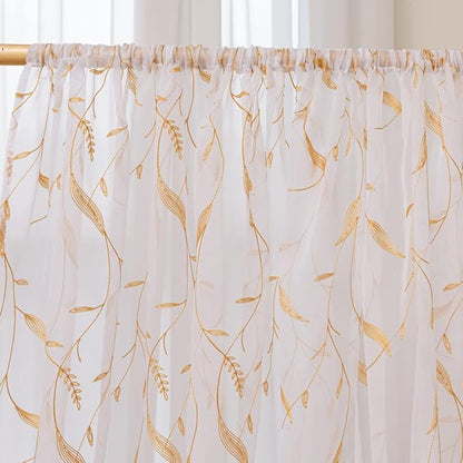 Windows Sheer Curtains Embroider Yellow Leaf 90 Inches Length 2 Panels Voile Light Filtering Sheer Curtains Panel Basic Rod Pocket for Bedroom Living Room Children Room