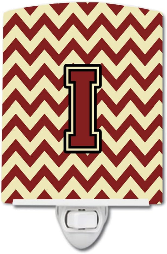 Caroline's Treasures CJ1061-ICNL Letter I Chevron Maroon and Gold Ceramic Night Light Compact, UL-Certified, Ideal for Bedroom, Bathroom, Nursery, Hallway, Kitchen, 6x4x3, Multicolor