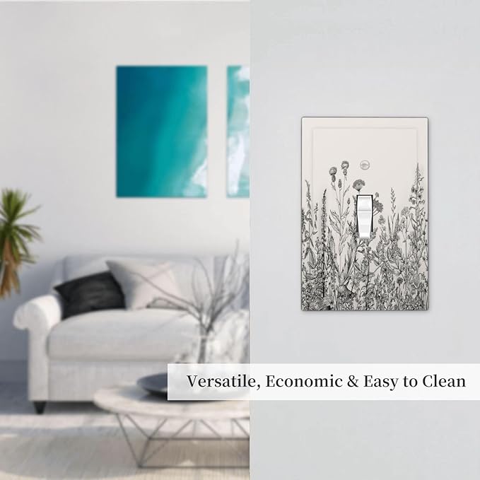 Vintage Grey Floral Herbs Wild Flowers Botanical 1 Gang Boho Light Switch Covers Decorative Country Single Toggle Wall Plate Switchcover Electrical Switchplate for Bedroom Decor