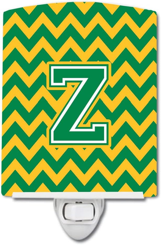 Caroline's Treasures CJ1059-ZCNL Letter Z Chevron Green and Gold Ceramic Night Light Compact, UL-Certified, Ideal for Bedroom, Bathroom, Nursery, Hallway, Kitchen, 6x4x3, Multicolor