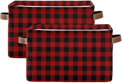 Christmas Red Buffalo Plaid Storage Basket Fabric Laundry Baskets Winter Holiday Decorations Storage Boxes Organizer Bag for Baby Cloth Dog Toy Book Storage Cubes Shelf Closet Bins 16×12×8 Inches