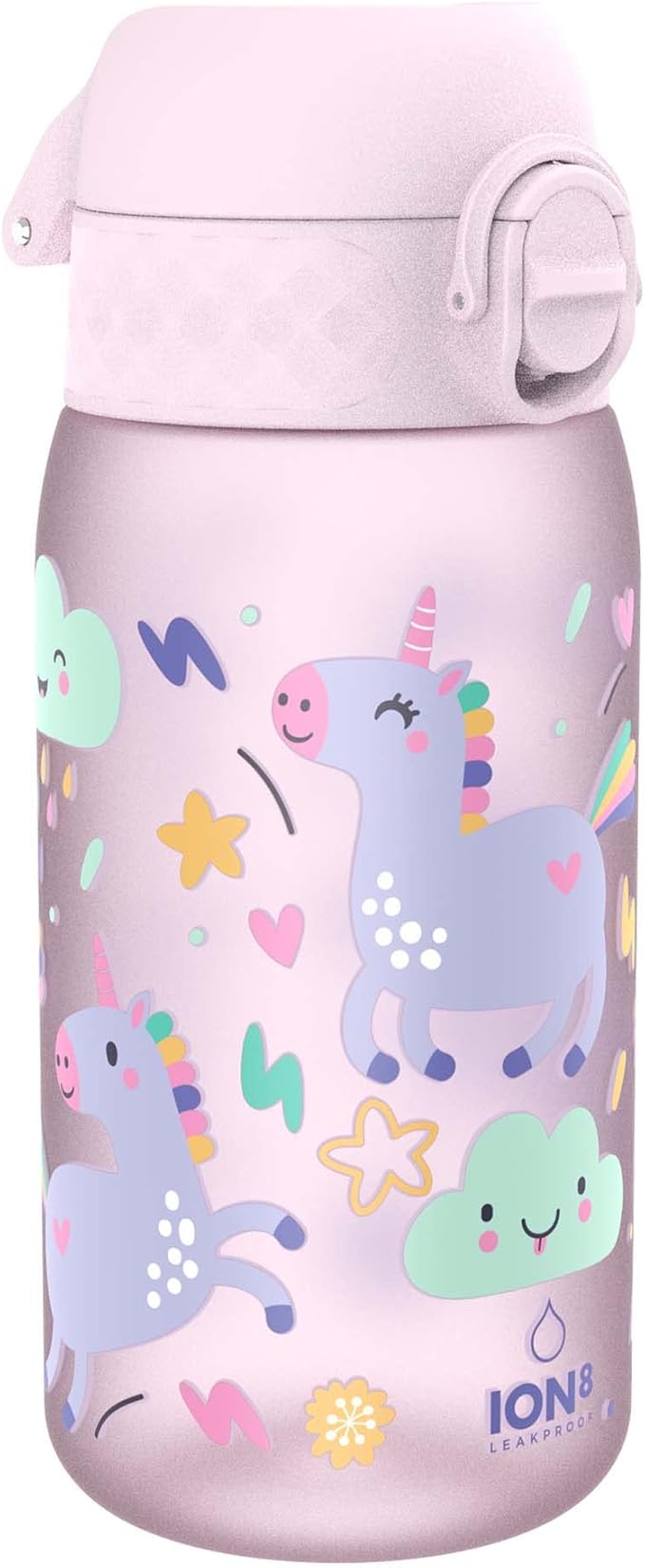 Ion8 Small Water Bottle, 350 ml/12 oz, Leak Proof, Easy to Open, Secure Lock, Dishwasher Safe, BPA Free, Carry Handle, Hygienic Flip Cover, Easy Clean, Odor Free, Carbon Neutral, Pink, Unicorn Design
