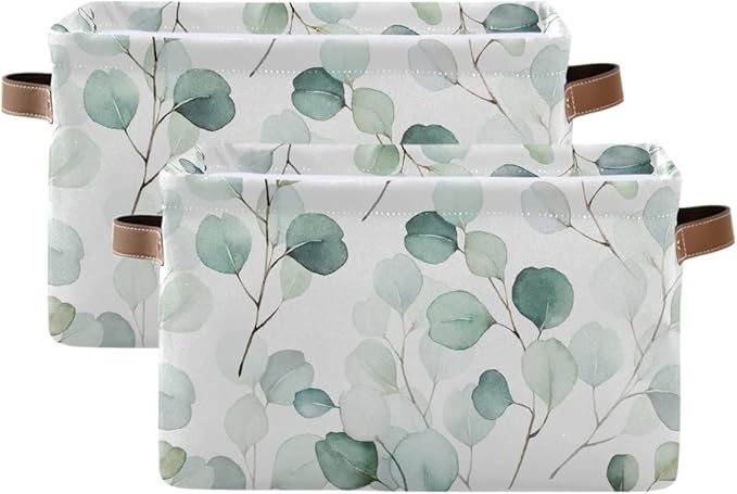 Wamika Leaves Flowers Storage Basket, Green and White Boho Botanical Foldable Storage Bins, 16x12x8 Inches, Durable Canvas Material, Easy to Clean, Collapsible for Space-Saving Storage