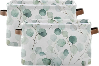 Wamika Leaves Flowers Storage Basket, Green and White Boho Botanical Foldable Storage Bins, 16x12x8 Inches, Durable Canvas Material, Easy to Clean, Collapsible for Space-Saving Storage