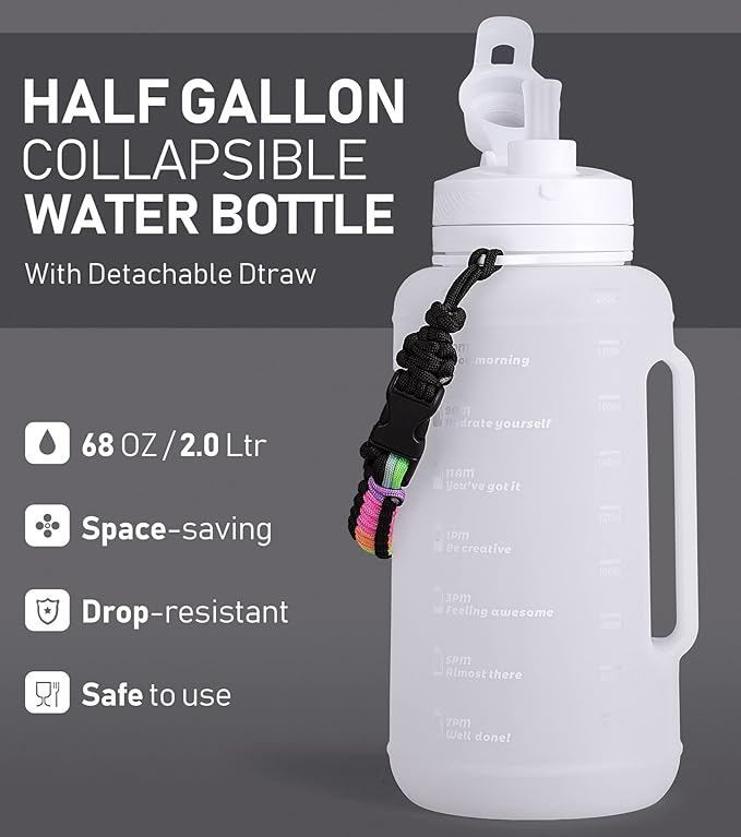 68 oz Collapsible Water Bottles With Straw, Half Gallon Water Bottle With Motivational Time Marker, Large Reusable Silicone Water Jug With Paracord Handle For Sports, Outdoors (White)