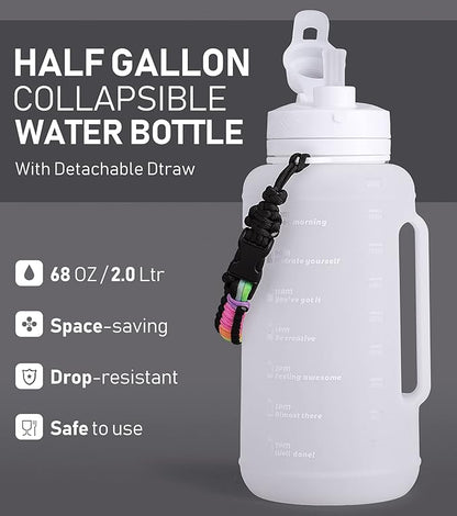 68 oz Collapsible Water Bottles With Straw, Half Gallon Water Bottle With Motivational Time Marker, Large Reusable Silicone Water Jug With Paracord Handle For Sports, Outdoors (White)